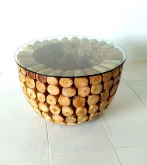 Teak root glass topped coffee table