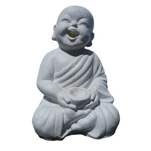 white seated buddha figure statue smiling with bowl