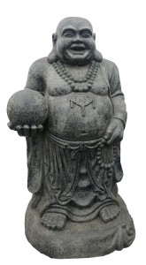 Stone statue with beaded necklace and obscured face