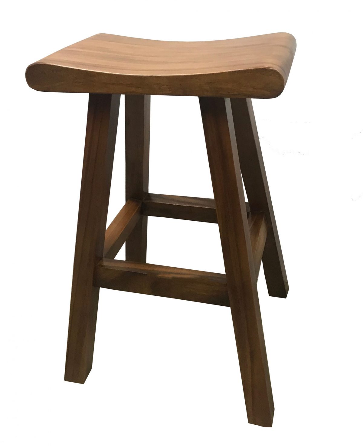 Wooden stool with curved seat and support bars