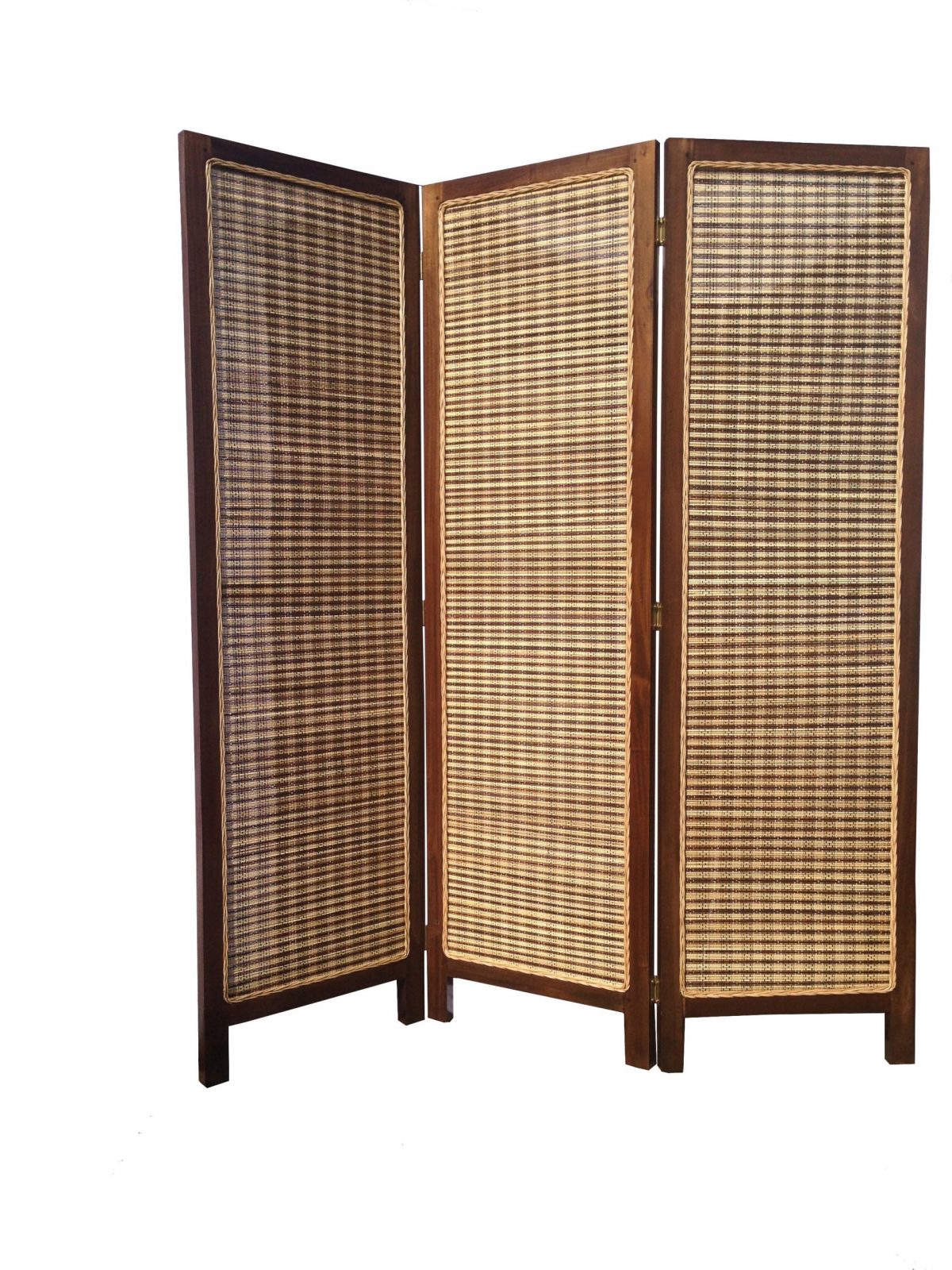 Three-panel wooden room divider with mesh inserts