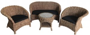 Wicker patio set with cushions and glass-top table