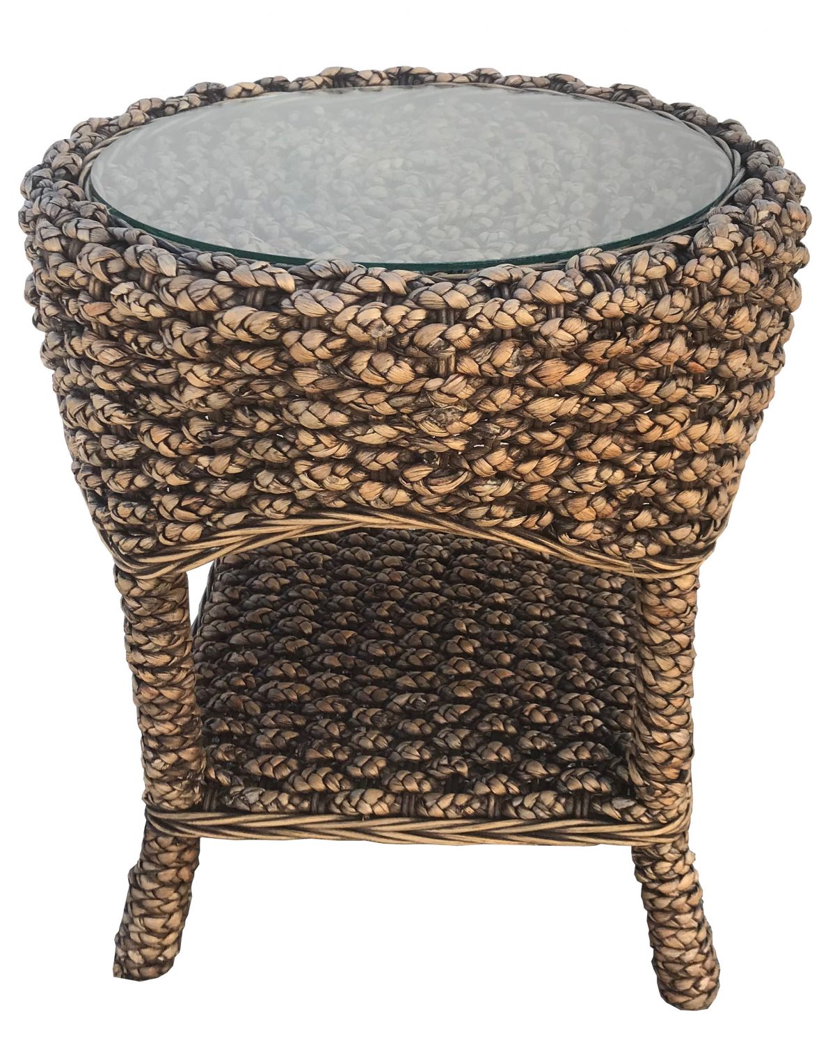 Wicker patio set with cushions and glass-top table