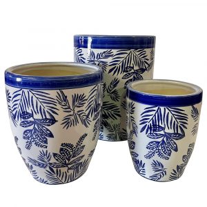 Set of three ceramic pots with blue floral design