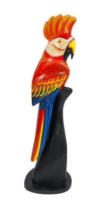 Colorful parrot figurine on black stand