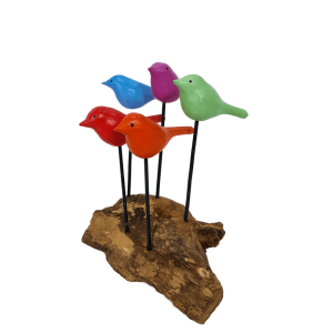 Colorful bird figurines on wooden base