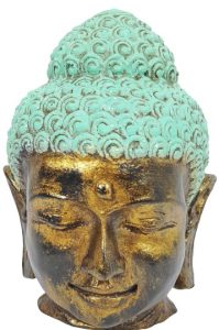 gold closed eyes buddha head statue with teal hair